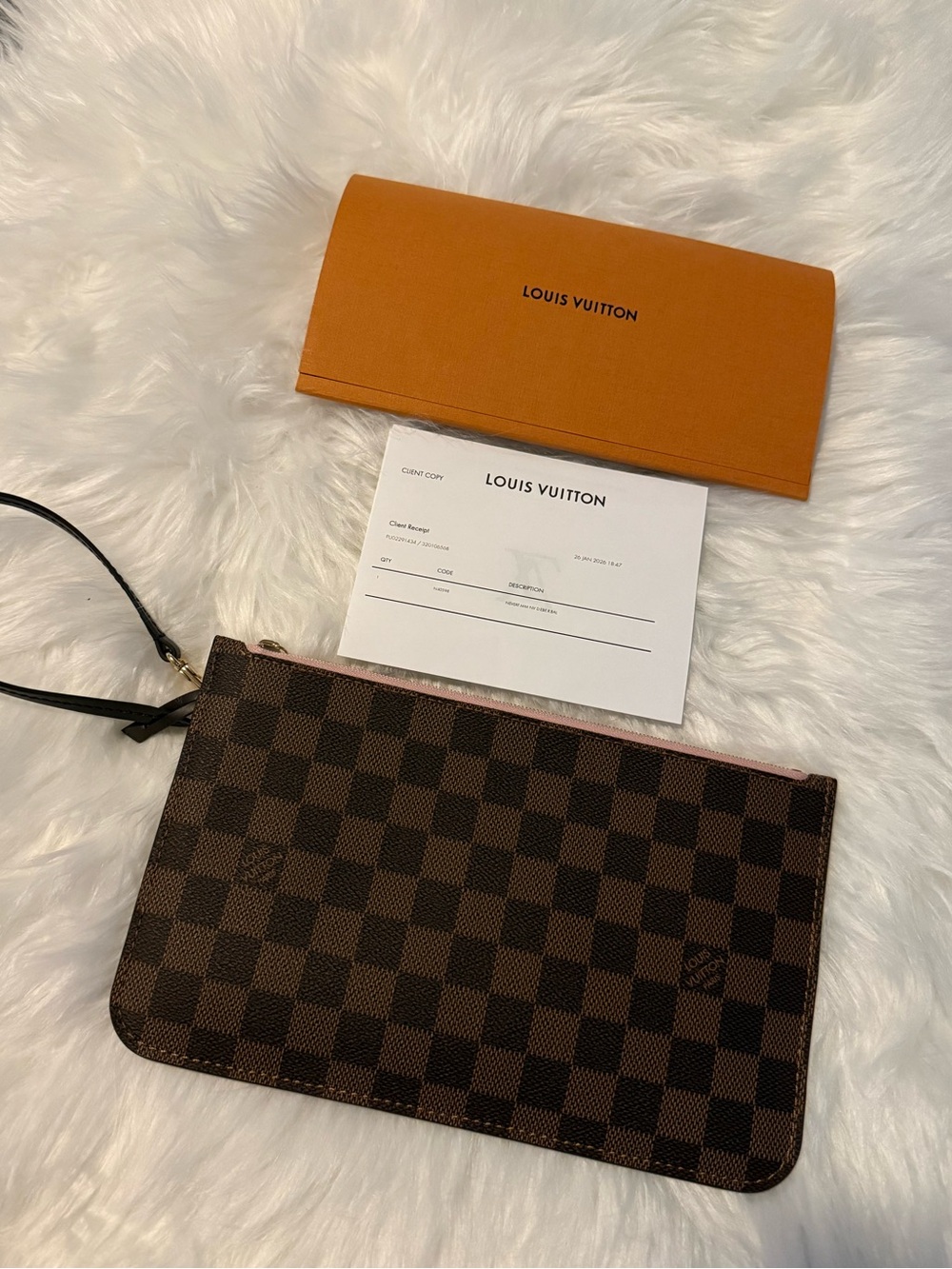 Louis Vuitton Brown Damier Ebene Wristlet with Pink Trim